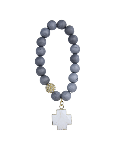 Grey agate bracelet with white turquoise cross - gold plated