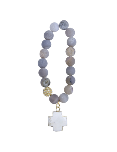 Bracelet agate blue lace avec croix turquoise blanche - plaqué or