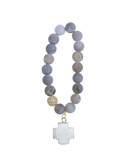 Bracelet agate blue lace avec croix turquoise blanche - plaqué or