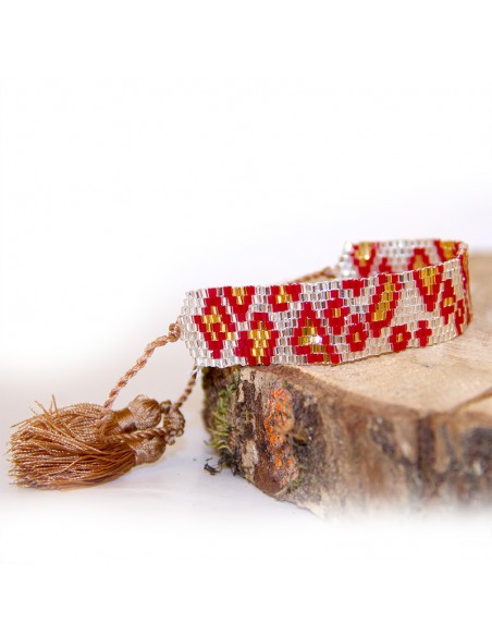 Miyuki beads wide bracelet - rhombus and pompons