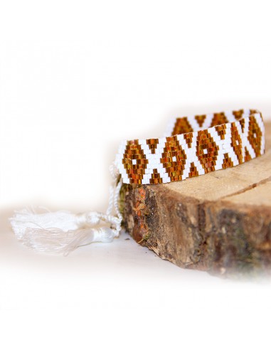 Bracelet large en perles Miyuki - losanges et pompons blanc et or