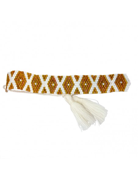 Bracelet large en perles Miyuki - losanges et pompons blanc et or