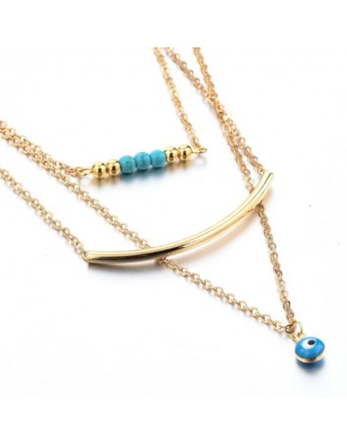 Necklace with 3 rows of chain - Boho style protective eye - gold plated
