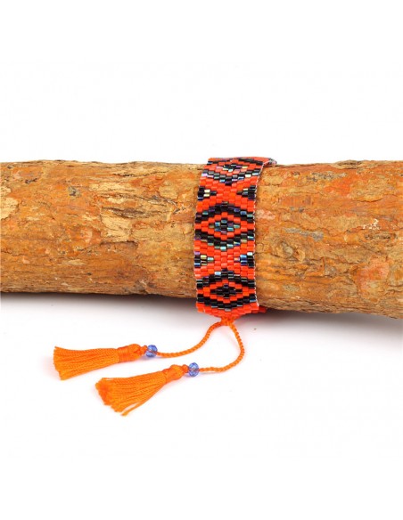 Miyuki beads wide bracelet - rhombus and pompons