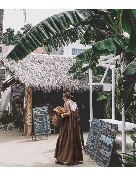 Losse tuinbroek van katoen en linnen in boho-stijl - bruin