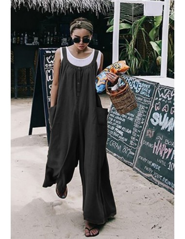 Loose cotton and linen boho style overalls - black