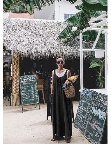 Loose cotton and linen boho style overalls - black