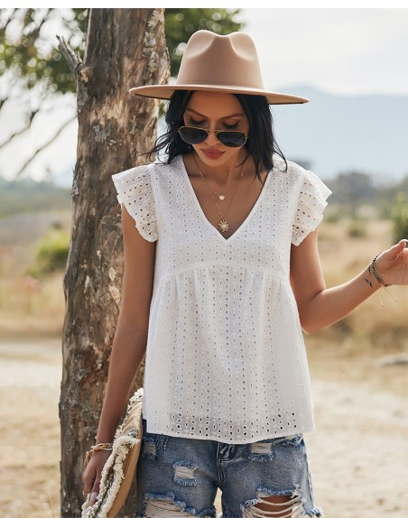 Cream V-neck blouse with openwork embroidery