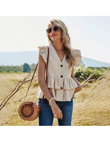 Ruffled blouse with short sleeves beige