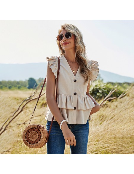 Beige blouse met korte mouwen en ruches