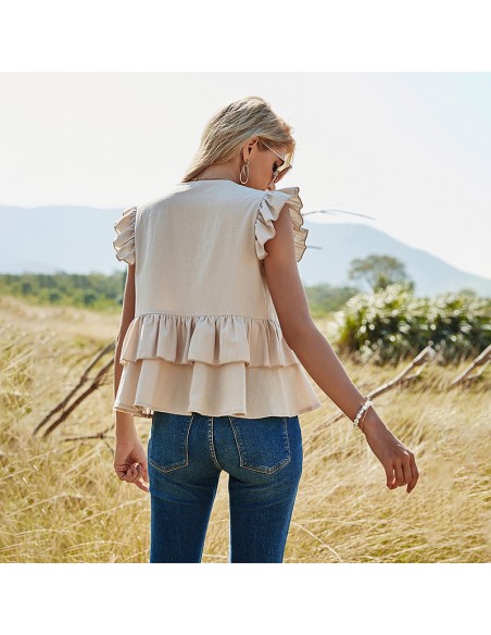 Beige blouse met korte mouwen en ruches