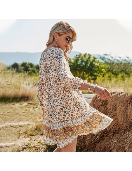 Short floral cotton dress with V-neck