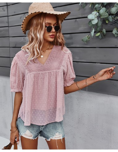 Antiek roze polyester V-hals blouse