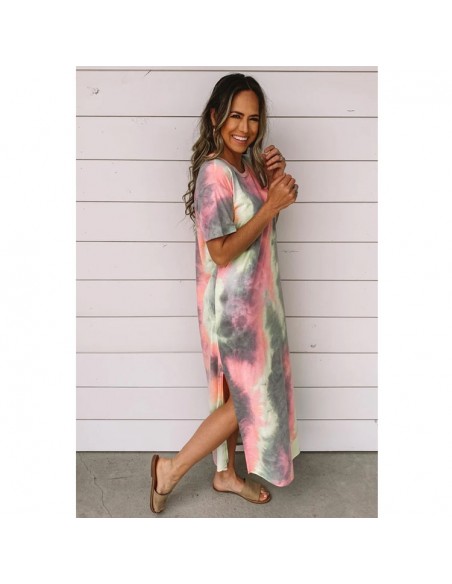 Grijze pistache en roze batik jurk