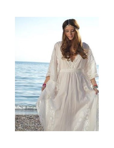 Robe longue beige à dentelle style caftan boho