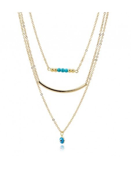Collier chaîne 3 rangs - œil protection style Boho - plaqué or