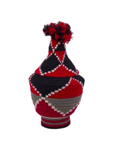 Kabash Design - corbeille berbère en osier et laine colorée rouge à pompon