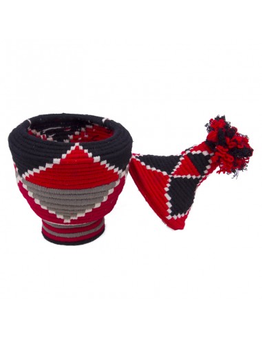 Kabash Design - corbeille berbère en osier et laine colorée rouge à pompon