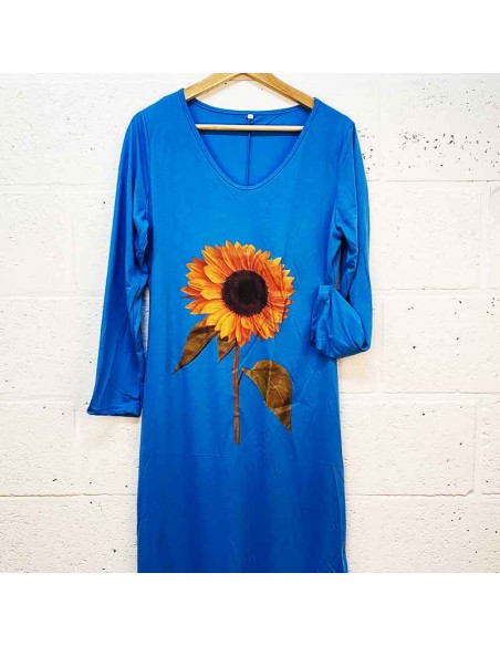 Turquoise blauwe zonnebloem lange jurk