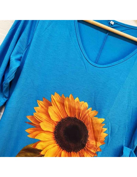 Turquoise blauwe zonnebloem lange jurk