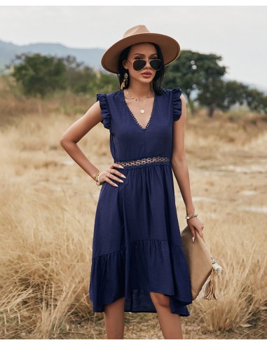 Blue dress with crochet lace ruffle and V-neck