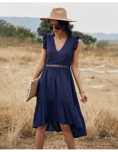 Blue dress with crochet lace ruffle and V-neck