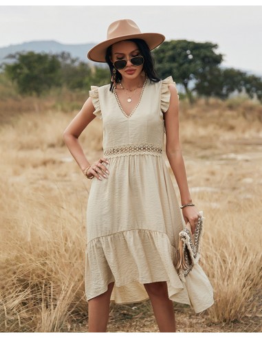 Beige dress with crochet lace ruffle and V-neck