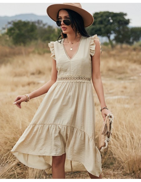 Beige dress with crochet lace ruffle and V-neck