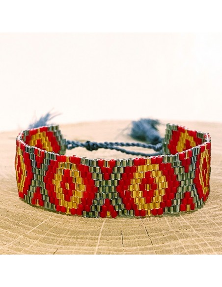 Miyuki beads wide bracelet - rhombus and pompons