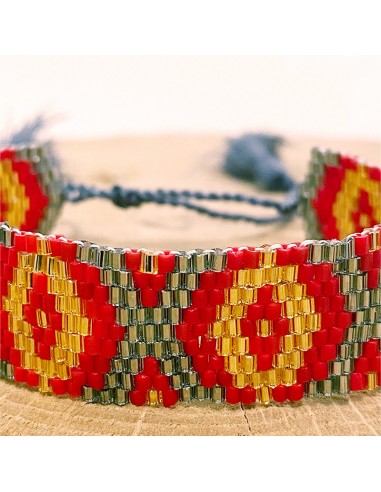 Miyuki beads wide bracelet - rhombus and pompons