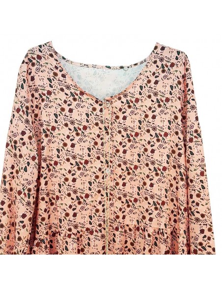 Bohemien lange jurk met bloemenprint en pompons - roze