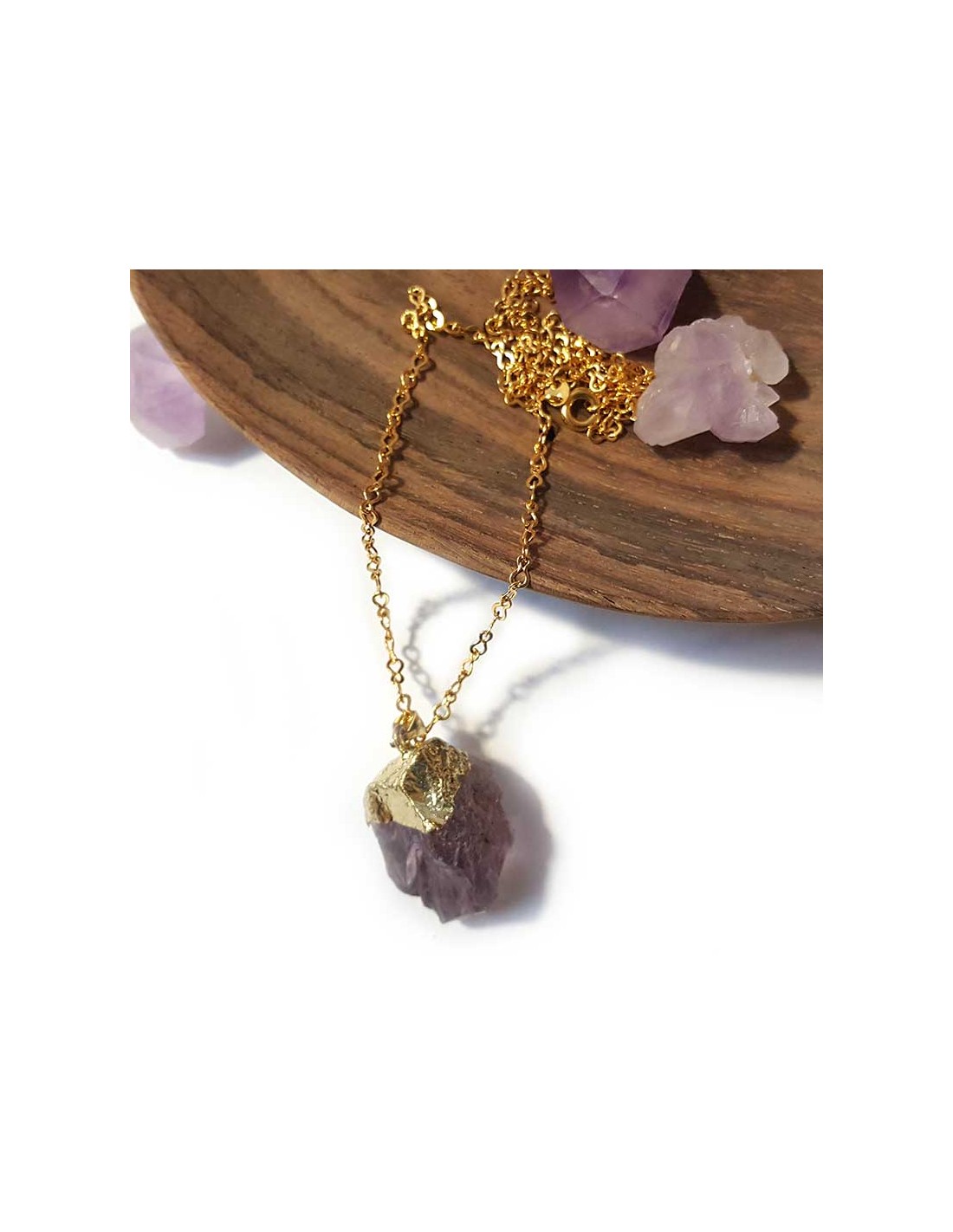Yellow Gold Tone Natural Healing Crystal Purple Amethyst Rough Stone Pendant Necklace 