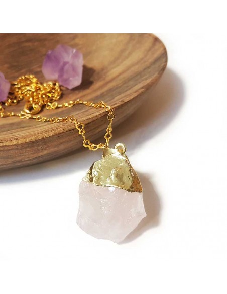 Collier avec pendentif pierre brute - Quartz rose