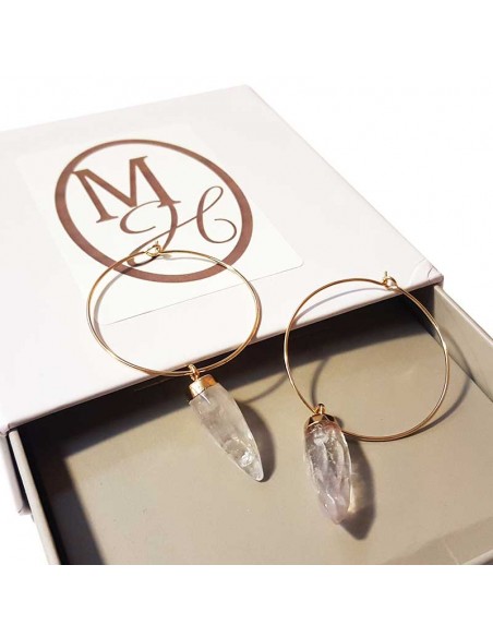 Round gold earrings with rock crystal tip