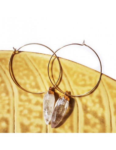 Boucles d'oreilles anneaux dorées avec pointe en cristal de roche