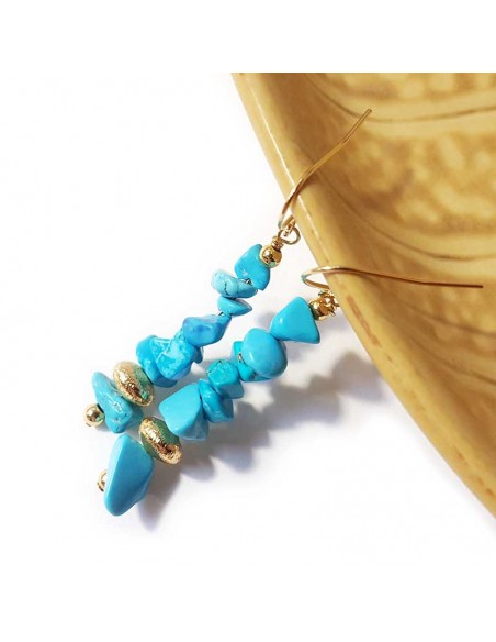 Boucles d'oreilles pendantes rocailles dorée et turquoise