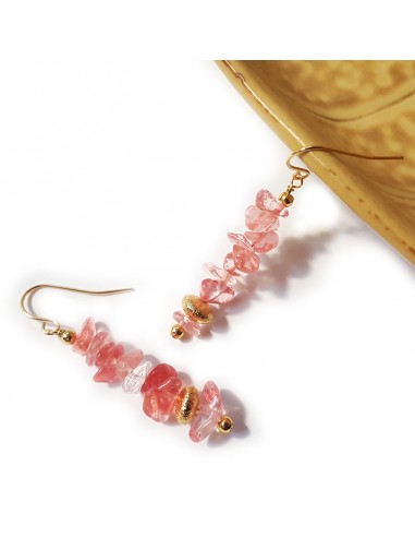 Boucles d'oreilles pendantes rocailles dorée et cristal pastèque