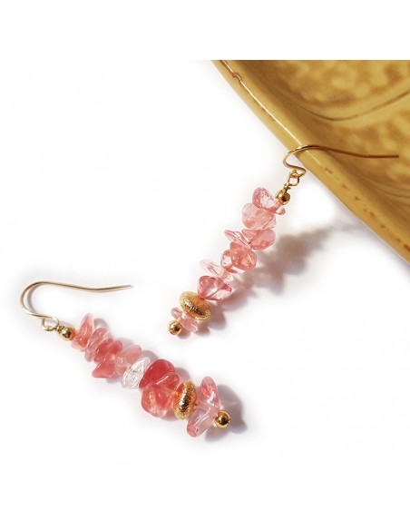 Boucles d'oreilles pendantes rocailles dorée et cristal pastèque
