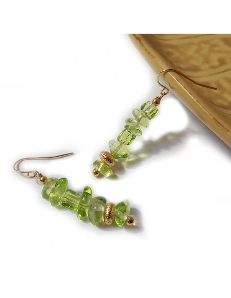 Golden seed beads and green crystal earrings