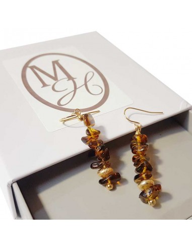 Golden seed beads and brown crystal pendant earrings