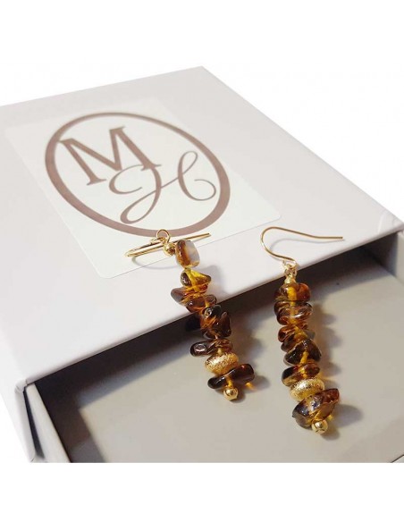 Golden seed beads and brown crystal pendant earrings