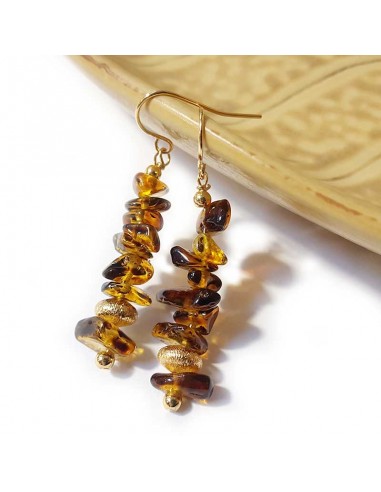 Golden seed beads and brown crystal pendant earrings