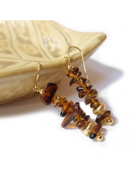 Golden seed beads and brown crystal pendant earrings