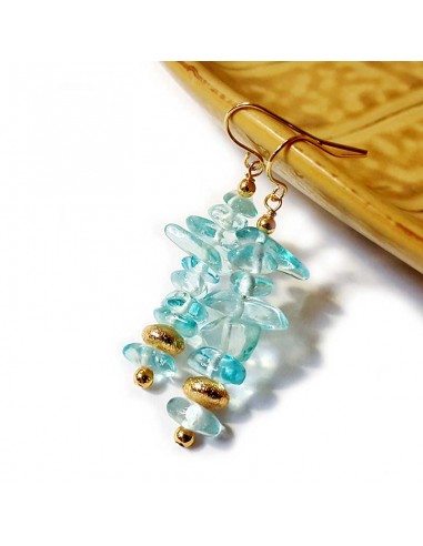 Boucles d'oreilles pendantes rocailles dorée et cristal bleu clair