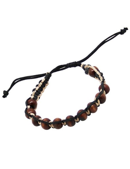 Bracelet leather mounted with brown wooden beads