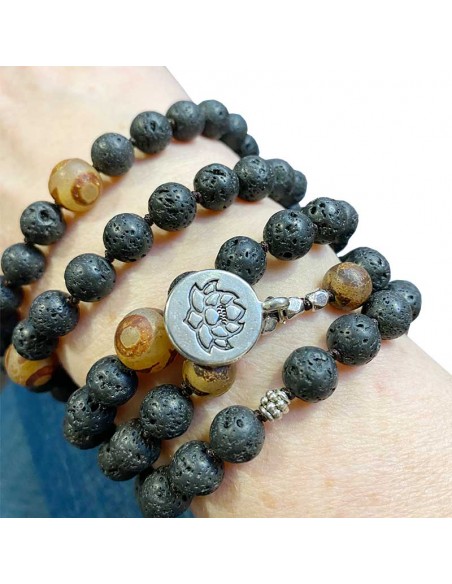Mala bracelet or necklace with lava stone and agate lotus pendant