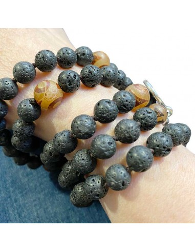 Mala bracelet ou collier en pierre de lave et agate pendentif lotus