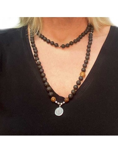 Mala armband of ketting met lavasteen en agaat lotus hanger