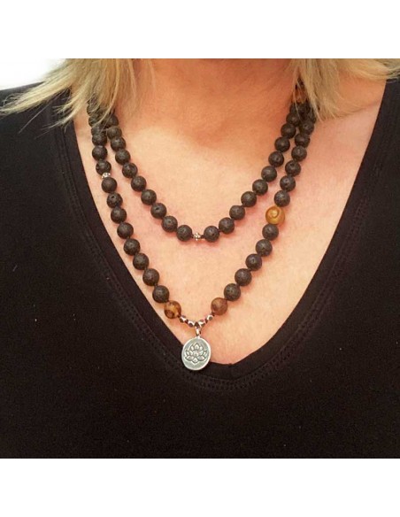 Mala armband of ketting met lavasteen en agaat lotus hanger