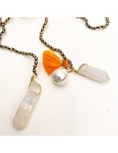 Necklace to tie in hematite, mother of pearl and rock crystal